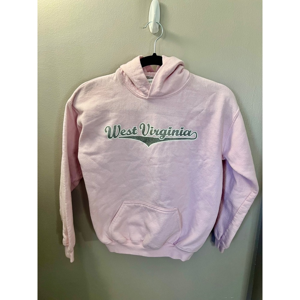 NCAA Gildan Heavy Blend West Virginia Hoodie Pink Glitter Script Girls Youth L